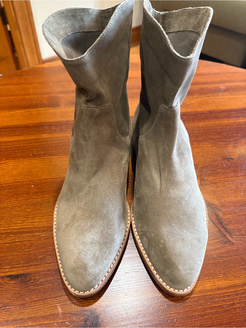 Vince Sinclair Suede Ankle Boot in Olive-Taupe, size 7